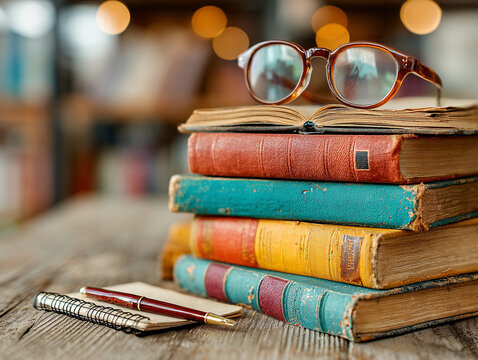 Stack of colorful books with reading glasses and yellow pencil for study - Powered by Adobe