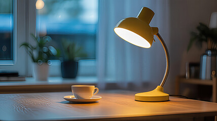 Yellow desk lamp illuminates a white coffee cup and saucer on a wooden table