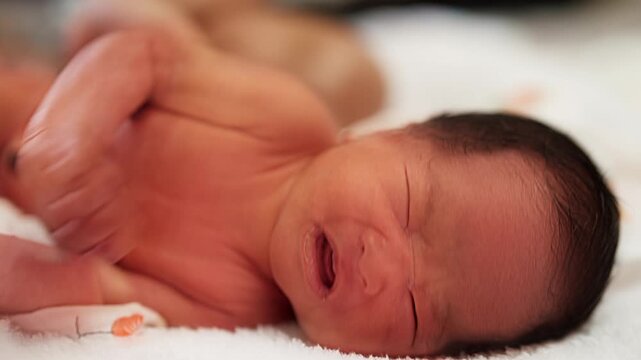 A newborn baby cries and reaches out with a tiny hand after bath time. This raw and emotional moment reflects the sensitivity of early life.