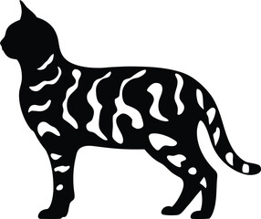 Sleek standing black cat silhouette displaying unique light gray striped fur pattern