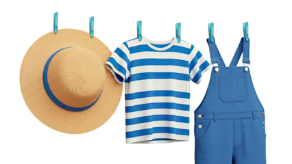 Summer Outfit: Straw Hat, Striped T-shirt, and Blue Overalls Hanging on a Line