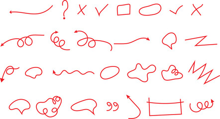 Hand drawn red doodle elements collection featuring arrows, shapes, and speech bubbles