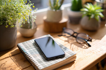 Sunlit workspace with smartphone, notebook, and plants on wooden table