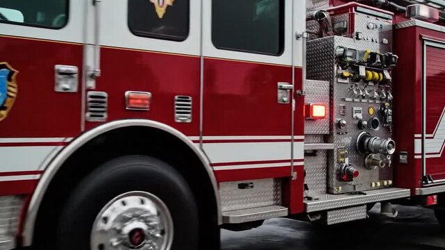 Red Fire Truck Detail Shot with Intense Flashing Emergency Lights