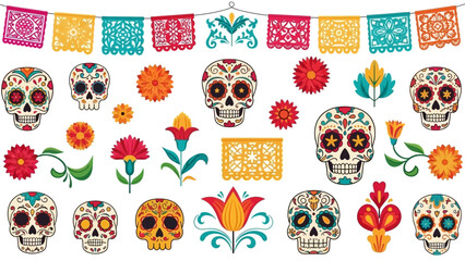 Vibrant Day of the Dead decorations with sugar skulls and flowers