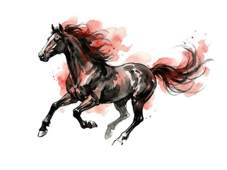 Dynamic watercolor painting of a galloping horse with vibrant red and black ink splashes, capturing movement and energy on a light background.