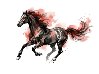 Dynamic watercolor painting of a galloping horse with vibrant red and black ink splashes, capturing movement and energy on a light background.