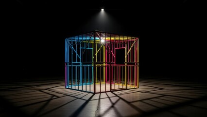 Rainbow Colored Metal Cage Under Spotlight.