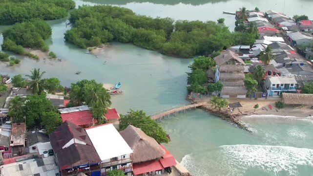 Panoramic aerial view of the fishing village of rincon del mar, colombia, with mangrove forest