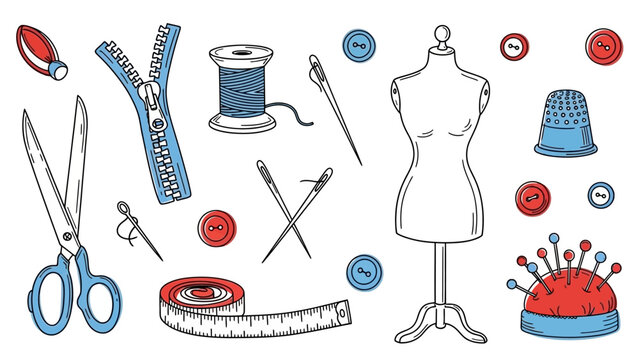 Hand-drawn collection of sewing and tailoring tools and accessories.