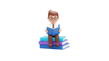 3D Cartoon Boy Reading Book While Sitting on Stack of Books
