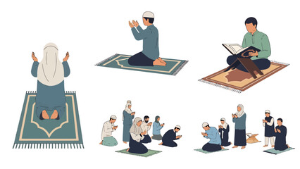 Set of Diverse Individuals Engaging in Prayer and Reading Holy Texts Representing Spiritual Devotion and Religious Practice