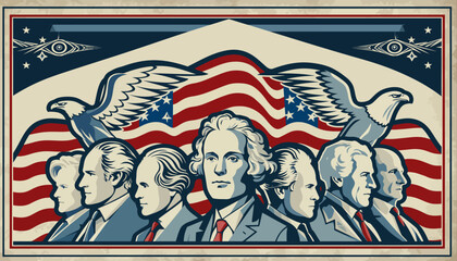 Stylized illustration of US Founding Fathers with American flags and eagles in a patriotic, vintage design.