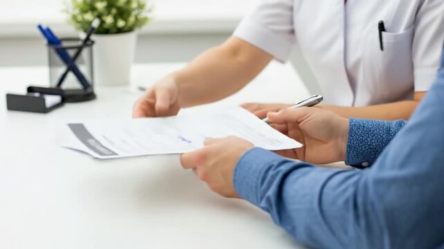 Client signs consent form for aesthetic procedure with nurse.