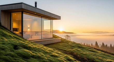 A contemporary minimalist house with large glass windows sits on a lush green moss-covered hillside overlooking a foggy valley during a golden sunrise.