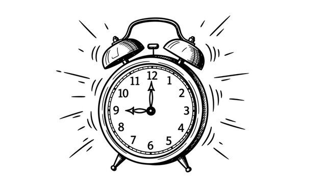 Ringing Alarm Clock Hand Drawn Illustration Black and White Sketch.