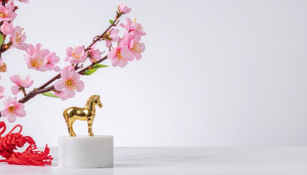 Golden horse figurine with cherry blossoms and red knot on white background.
