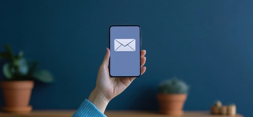 Hand holding smartphone with email envelope icon on screen against blurred background with potted plants and dark wall