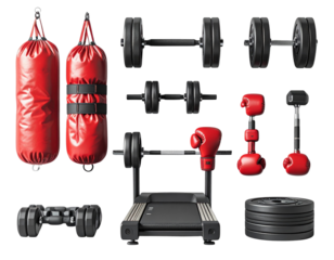Untitled design - Realistic Gym Equipment Icons Set With Dumbbells, Treadmill, Boxing Gloves and Punch Bag, Isolated PNG