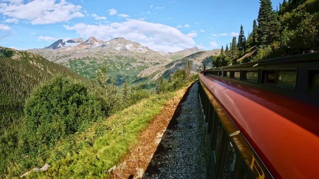 White Pass train ride between Skagway Alaska and Whitehorse Yukon Canada. Beautiful sunny day with white clouds and blue sky