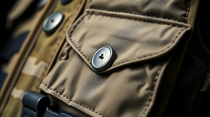 Tactical vest detail showing pocket and button closure