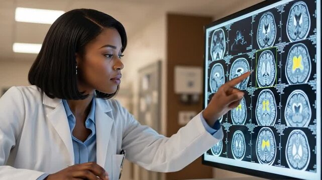 Confident Black neurologist reviews detailed brain MRI scans in hospital.