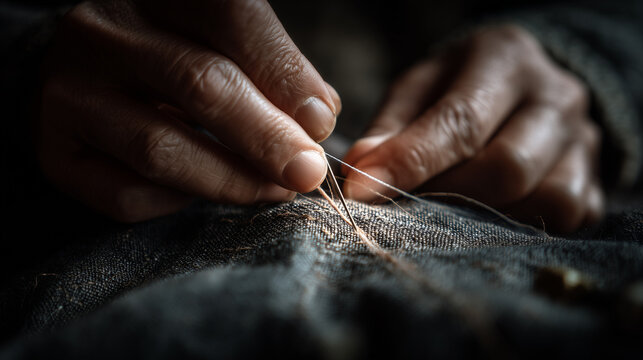 Close-up of hands sewing white fabric by hand, threading a needle, capturing craftsmanship, textile work, and traditional handmade sewing techniques.