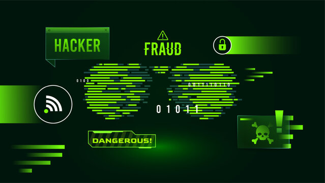 Hacker fraud and cyber security alert background with binary code and dangerous skull icon. Cyber security threat, dangerous malware alert, and data theft concept for professional technology themes.