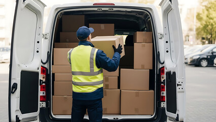 Delivery worker loading cardboard boxes into a white commercial van for shipment and logistics services.