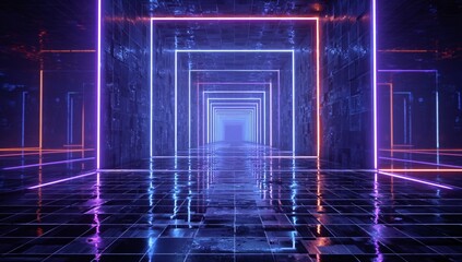 Blue futuristic digital technology tunnel with glowing lines
