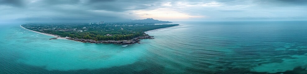 Fototapeta premium aerial panoramic view of a coastal peninsula with turquoise ocean, sandy beaches, rocky headland, green shoreline and distant mountains under a cloudy sky, calm and serene