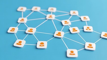 A network of interconnected people icons on a blue background representing relationships and connections