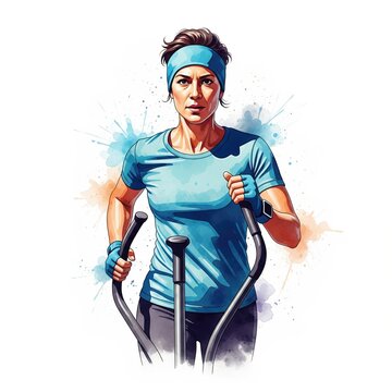 Woman Exercising on Elliptical Machine with Determination.
