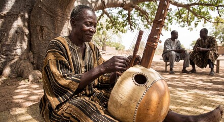 African man playing a traditional stringed instrument outdoors under a tree with two friends sitting in the background enjoying a casual gathering