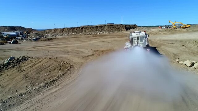 Construction site dust suppression truck spraying water on a dirt road