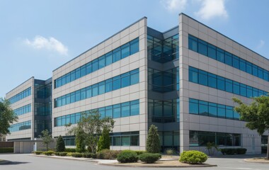 Obraz premium Modern Business Park Architecture Featuring Glass Facade Office Buildings and Green Landscaping