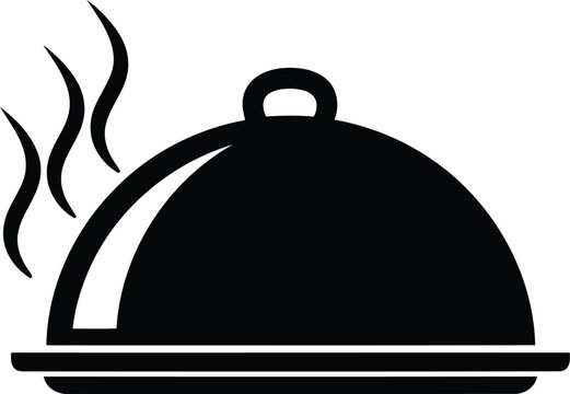 Hot food cloche serving icon with steam   restaurant meal service silhouette vector