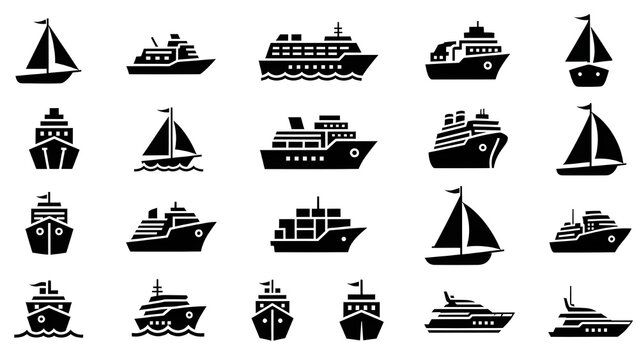 A comprehensive set of black flat icons featuring various watercraft, including sailboats, cruise ships, cargo vessels, and yachts, isolated on a white background.