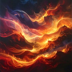 Abstract flowing lines of warm orange, yellow, red, and blue blend in a fluid cosmic composition