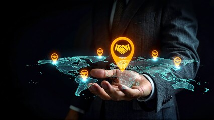 Global partnership concept businessman displaying digital world map with glowing handshake location markers symbolizing international trade and successful collaboration