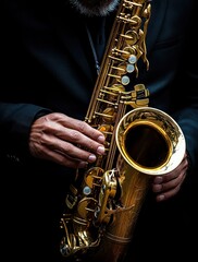 Fototapeta premium Close-up of a musician's hands playing a shiny brass saxophone with detailed keys against a dark background evoking concentration and passion for music