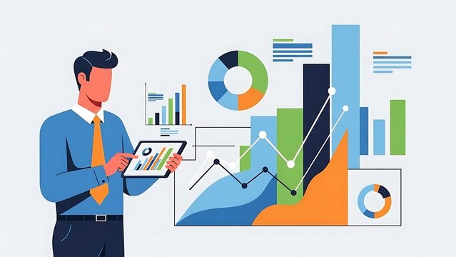 Professional Businessman Analyzing Market Data and Financial Trends on Tablet, Visualizing Business Growth Strategies with Interactive Charts and Graphs for Informed Decision-Making