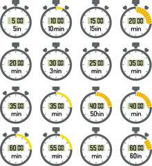 Stopwatch timer icons set: digital time measurement, progress, countdown collection
