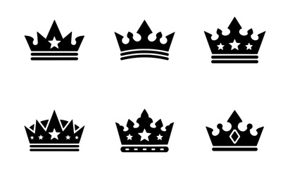 Set of black royal crown silhouette icons for king and queen logo