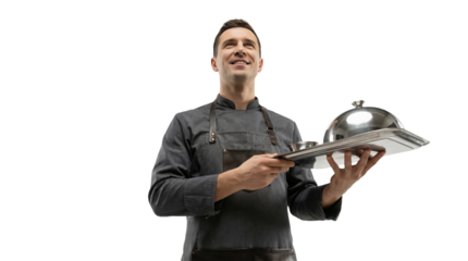 Chef holding a serving tray with a cloche on transparent background