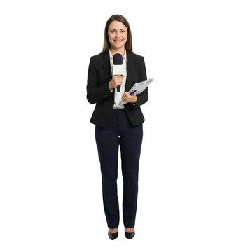 Young female journalist with microphone and notepad on transparent background