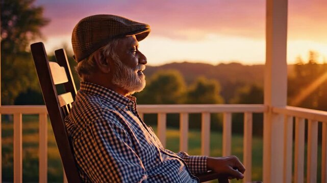 Elderly man relaxing on porch.