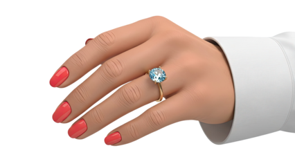 Woman's hand with aquamarine ring and coral nail polish