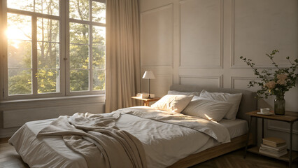 Minimal bedroom with unmade bed, sunlight on linen sheets, soft neutral colors, slow cozy morning vibe