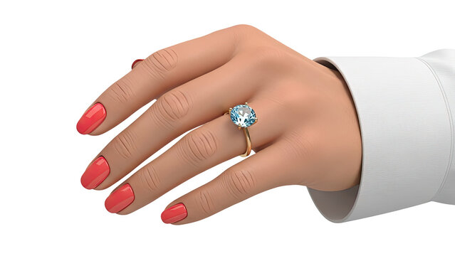 Woman's hand with aquamarine ring and coral nail polish - Powered by Adobe